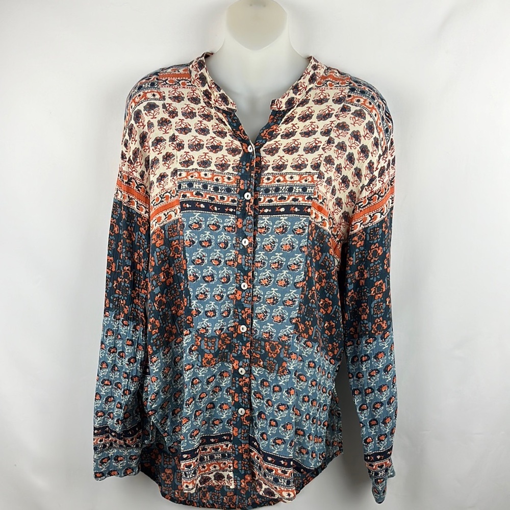 Free People Blue Patchwork Caravan Button Down To… - image 6
